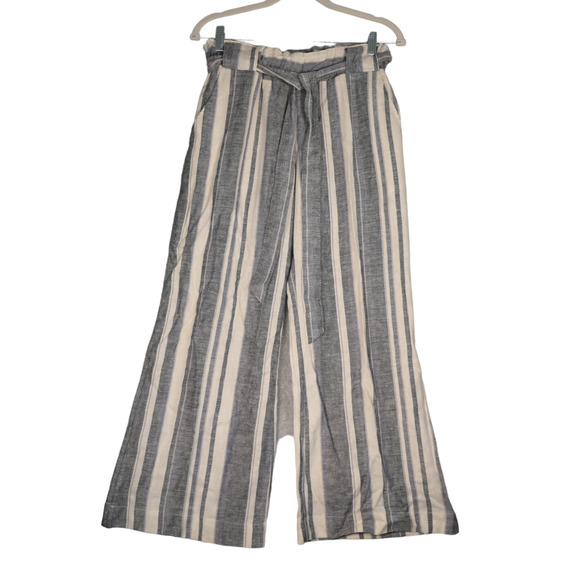 Indigo Rein Pants Womens M Blue Ivory Wide Leg Cropped Linen Blend Pull On Belt - Picture 2 of 9